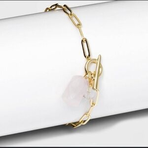 A New Day 14K Gold flash dipped Paperclip Chain Bracelet Rose Quartz Bead Charm